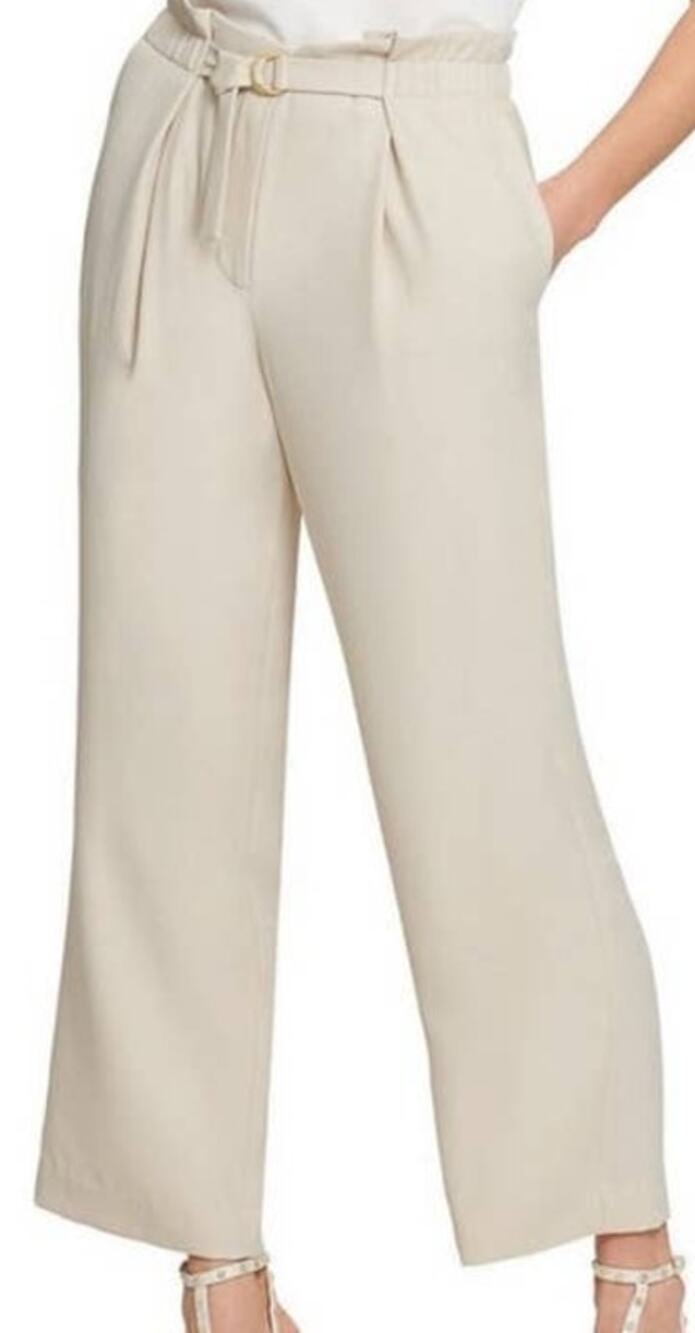 DKNY Off White Cream Pullon Pleaded High Waist Belted Pants Paperbag Large